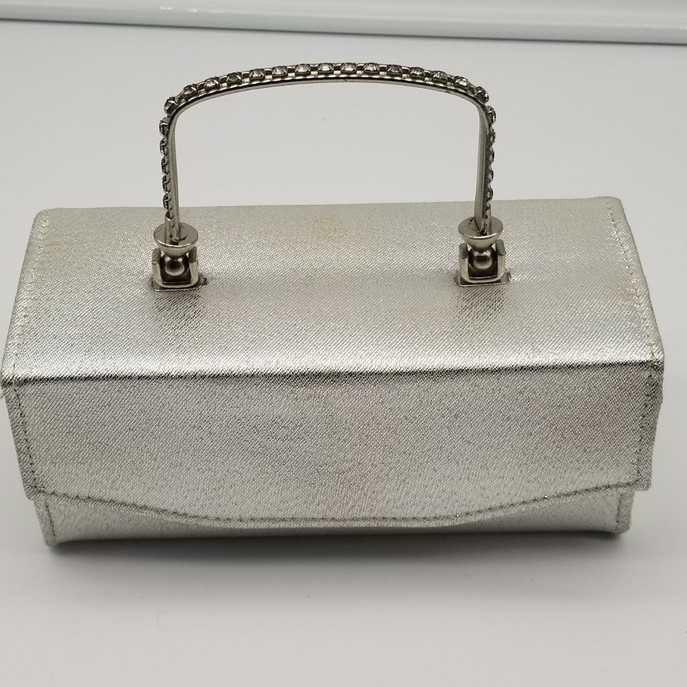 Vintage SILVER LAME Clutch Purse Handbag with Silver Tone Studded Handle